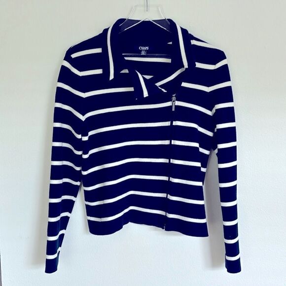 Chaps Navy White Striped Blazer Jacket Front Zip Up Size Medium - Picture 1 of 10